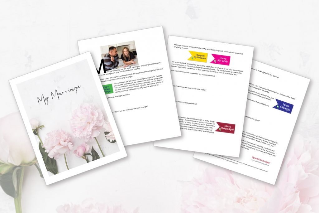 image of four papers called My Marriage. free PDF printable to have a strong marriage relationship, Renewed Mama Coaching