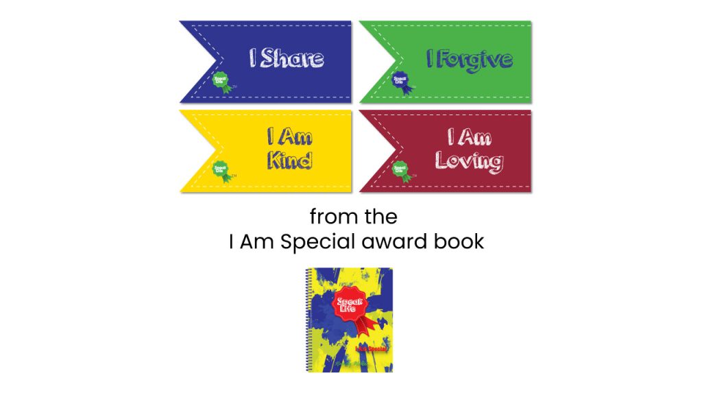 images of Speak Life Badges sticker awards for kids that say I Share, I forgive, I am kind, and I am loving from the I Am Special sticker award book use these sticker awards to stop sibling fighting