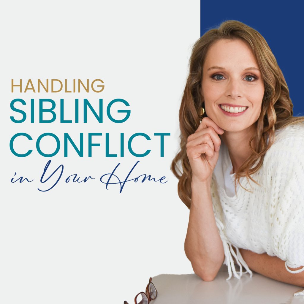 mother smiling in the kitchen learning how to handle sibling conflict well in her home so that there is less arguing, teasing, and siblings annoying each other and lots more peace, joy, and everyone getting along. Renewed Mama Podcast, positive parenting solutions, peaceful home, parent coaching