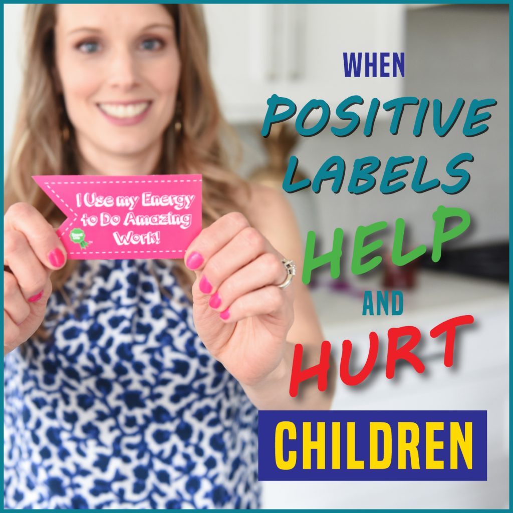 smiling lady holding out a sticker award that reads I use my Energy to do Amazing Work by Speak Life Badges. She is sharing when positive labels help and hurt children, positive parenting tips, parent coaching, sticker awards, teachers