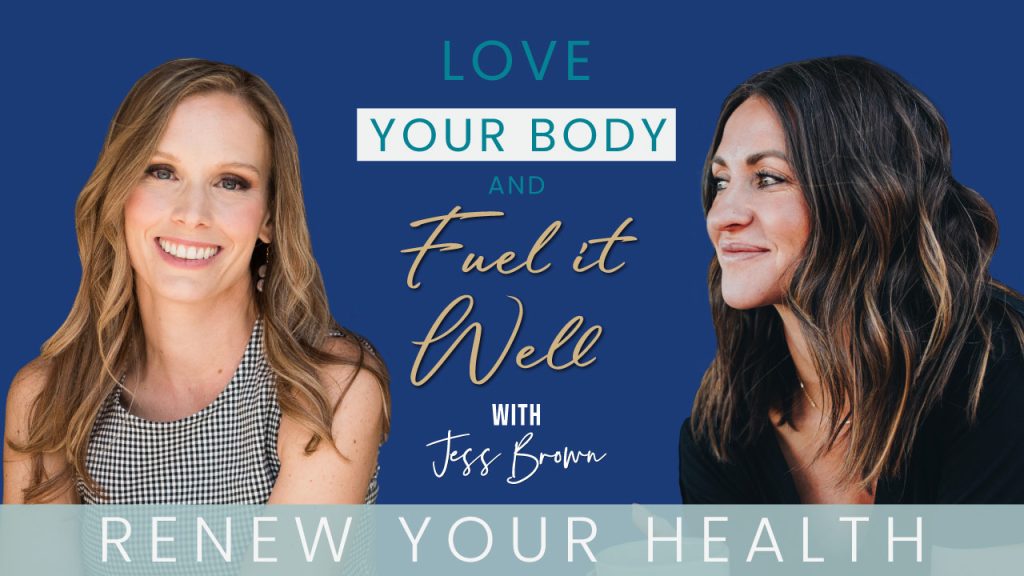 two women smiling Text reads: Love your Body and fuel it well with Jessica Brown Fuel Her Awesome and Kimberly Muhtar Renewed Mama Coaching