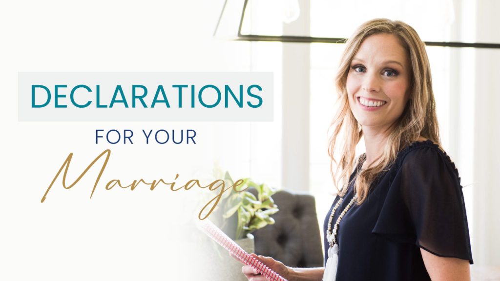 blonde woman smiling holding a book in her hands. Text reads: Declarations for your marriage, Renewed Mama Coaching, marriage advice