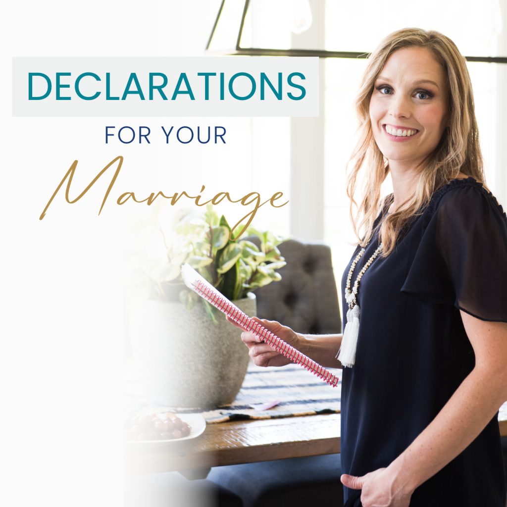 blonde woman smiling holding a book in her hands. Text reads: Declarations for your marriage, Renewed Mama Coaching, marriage advice