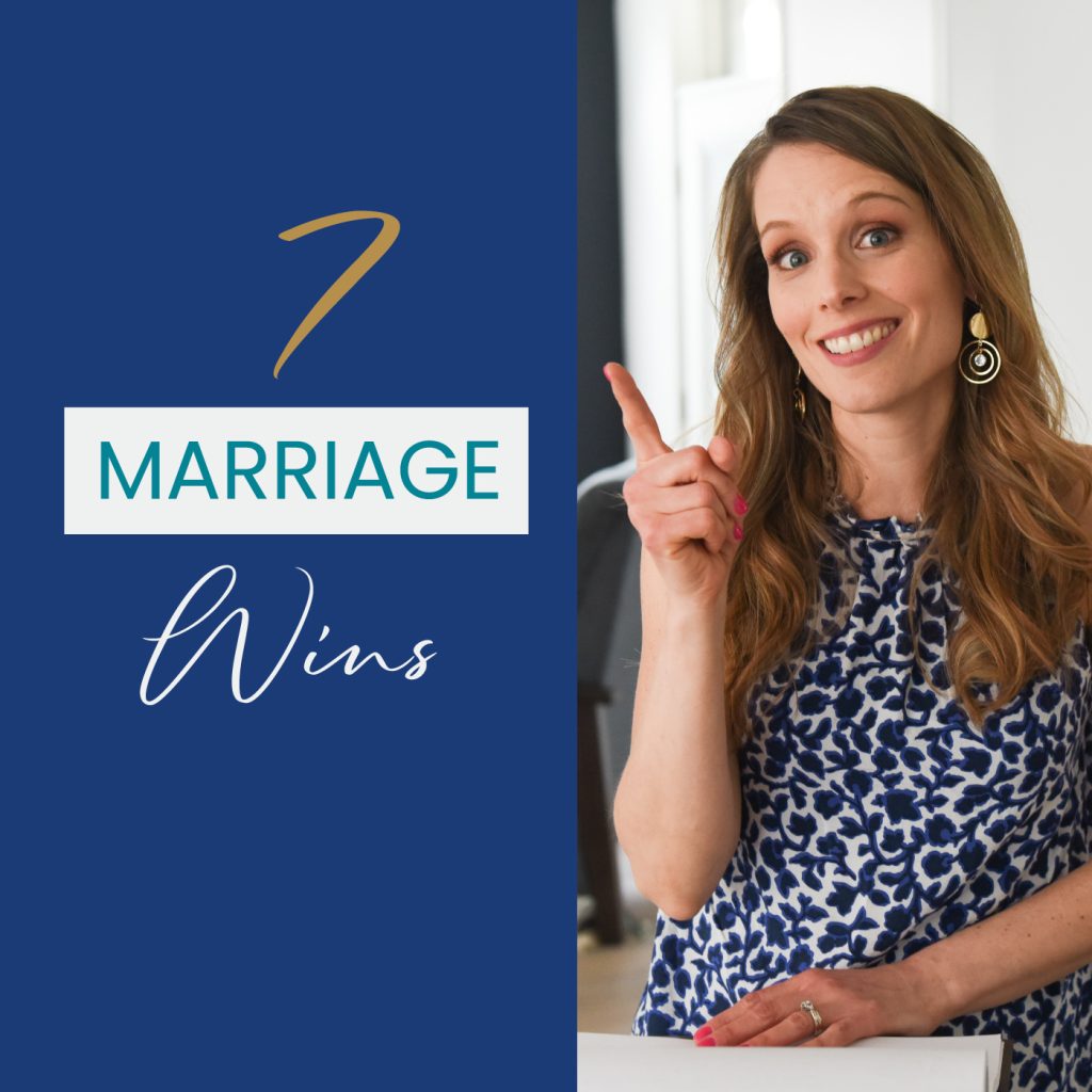 blonde haired woman smiling and pointing to the text that reads: 7 Marriage Wins, Kimberly Muhtar, Renewed Mama Coaching, marriage advice, marriage coaching