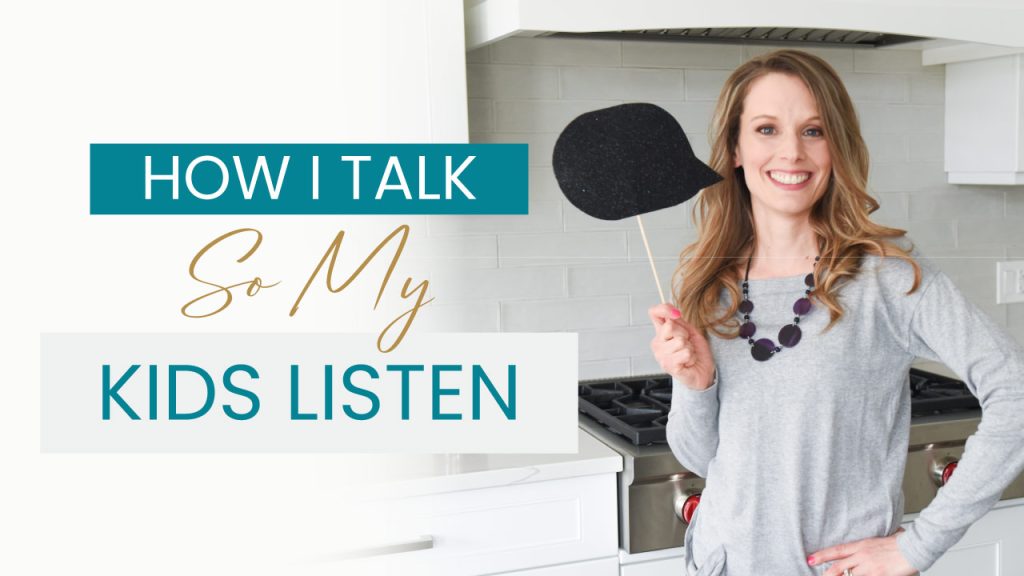 blonde haired lady smiling holding a speech bubble sign in her hands, Kimberly Muhtar How I Talk so My Kids Listen Renewed Mama Coaching parenting tips communication tips
