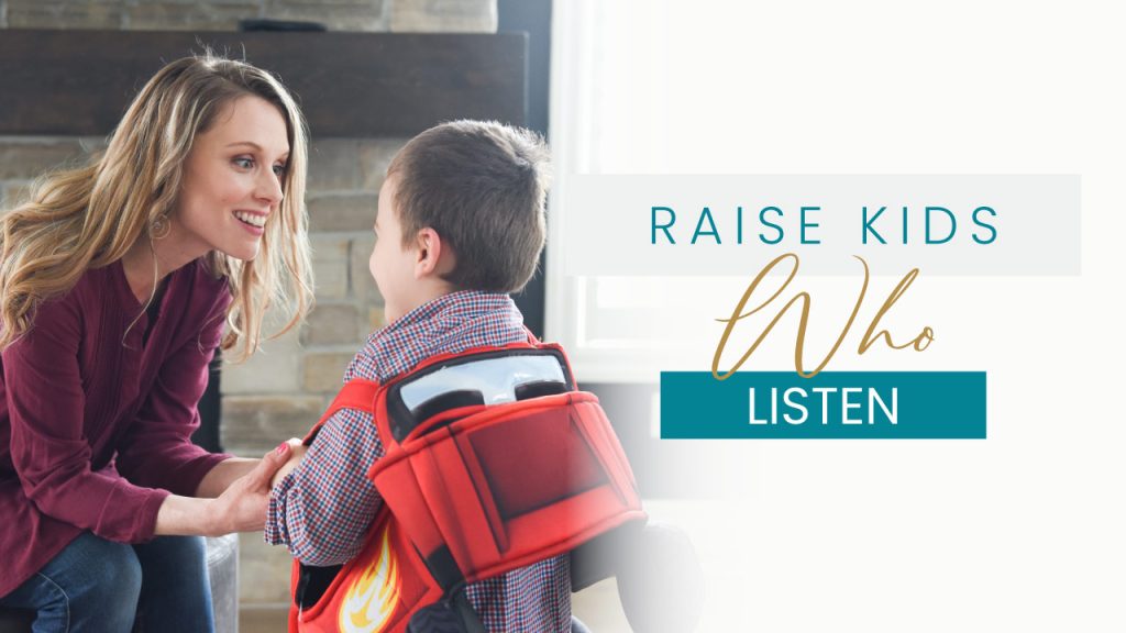 blonde haired mother leaning foward to talk to her small son wearing a Lightening McQueen costume. They are smiling as they look at each other. Image Text reads Raise Kids Who Listen Renewed Mama Coaching